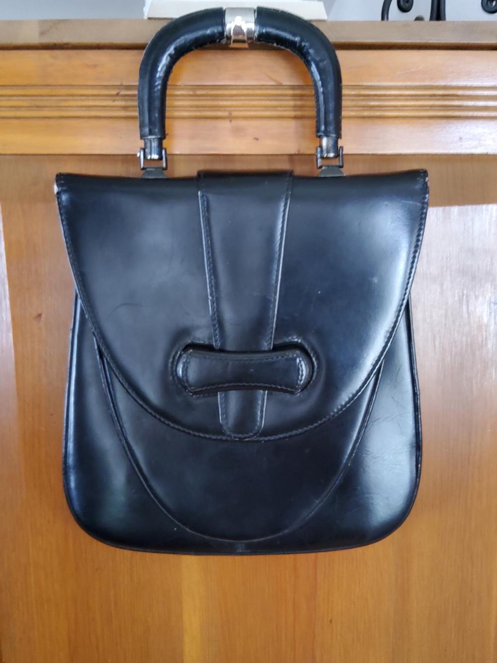Vintage Black Leather Top-Handle Satchel VGUC 60's 70's